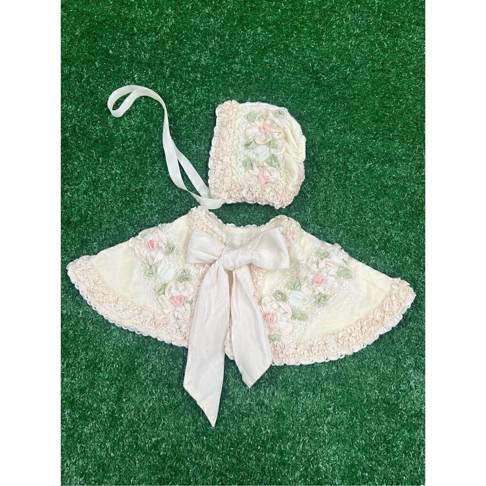 Vintage Baby Bonnet & Cape - Ribbon Lace Velvet Rose